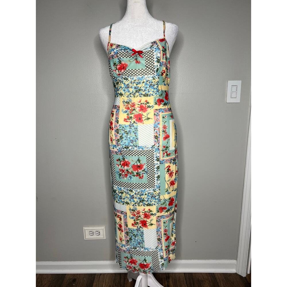 Thirty/Thirty Mesh Floral Patchwork Midi Dress Sz L Coquette Y2K Spaghetti Strap